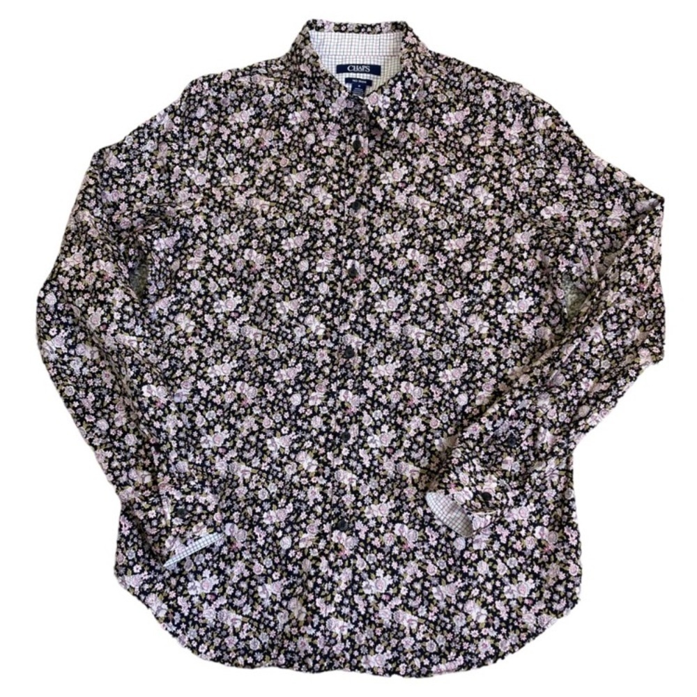 Chaps No Iron Button Down Shirt Black/Pink Ditsy Floral Contrasting Cuffs M